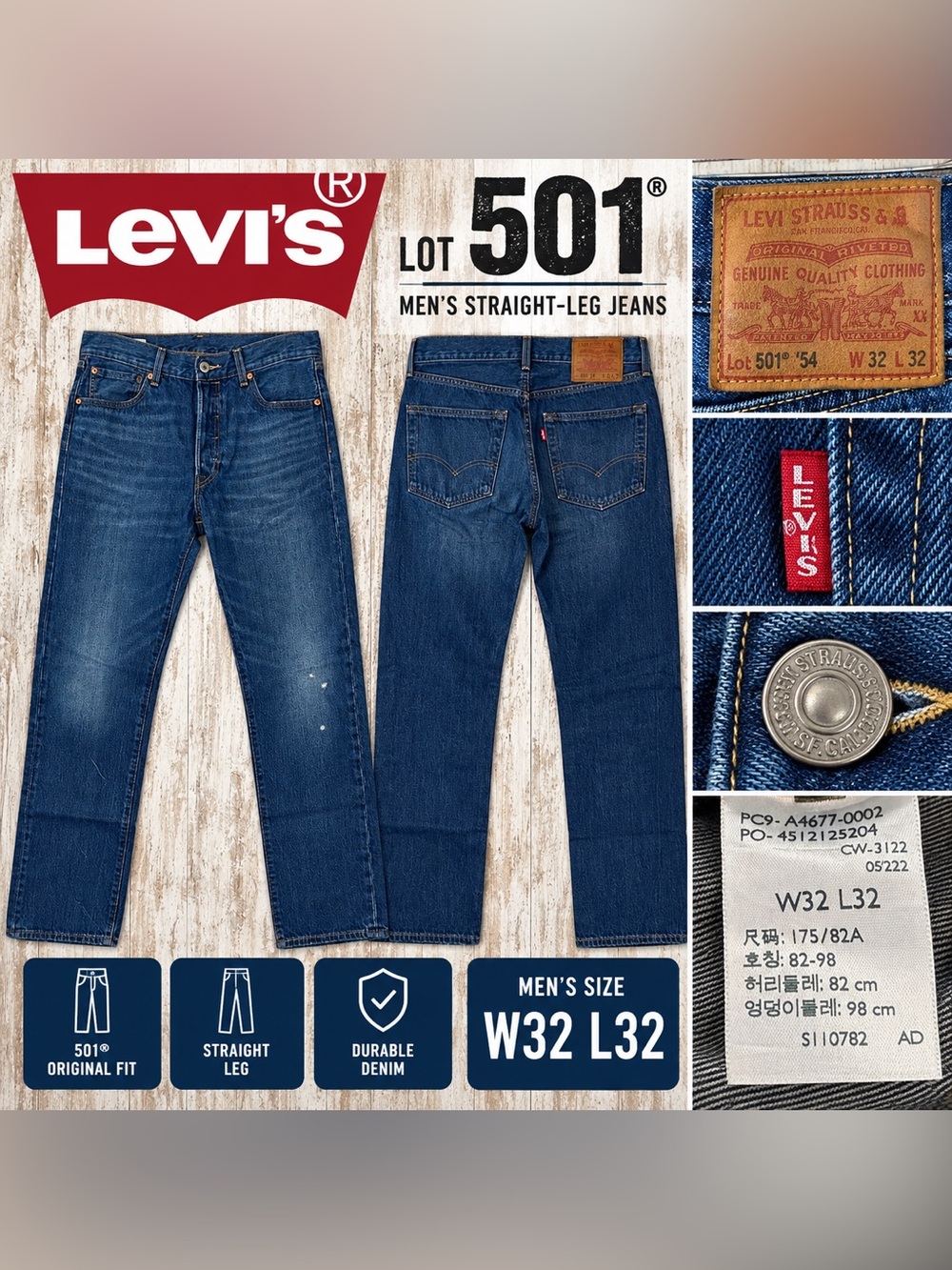 LEVI’S 501 ORIGINAL MEN’S STRAIGHT-LEG DARK WASH JEANS W32 L32